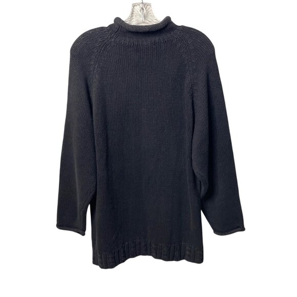 Vtg Yarnworks Black Cable Knit Fisherman Sweater Women's Sz L Chunky Turtleneck - Picture 2 of 5